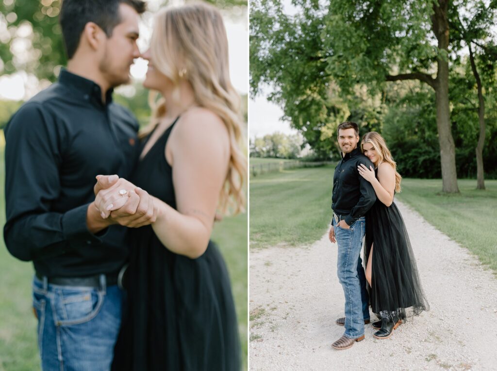 A couple poses for their country themed engagement photos at Danada Equestrian center in Wheaton Illinois.