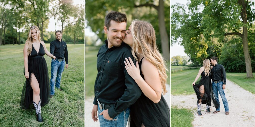 A couple poses for their country themed engagement photos at Danada Equestrian center in Wheaton Illinois.