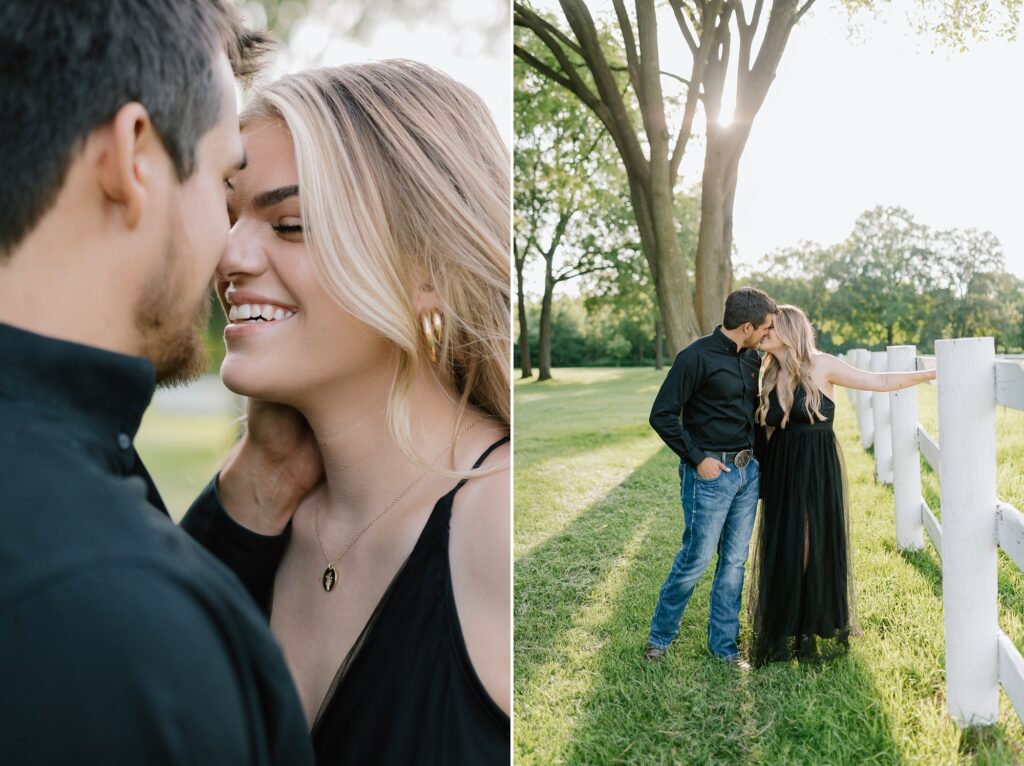 A couple poses for their country themed engagement photos at Danada Equestrian center in Wheaton Illinois.