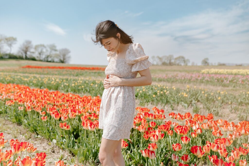 Tulip field maternity photos of a young couple at the Kuipers Midwest Tulip Fest