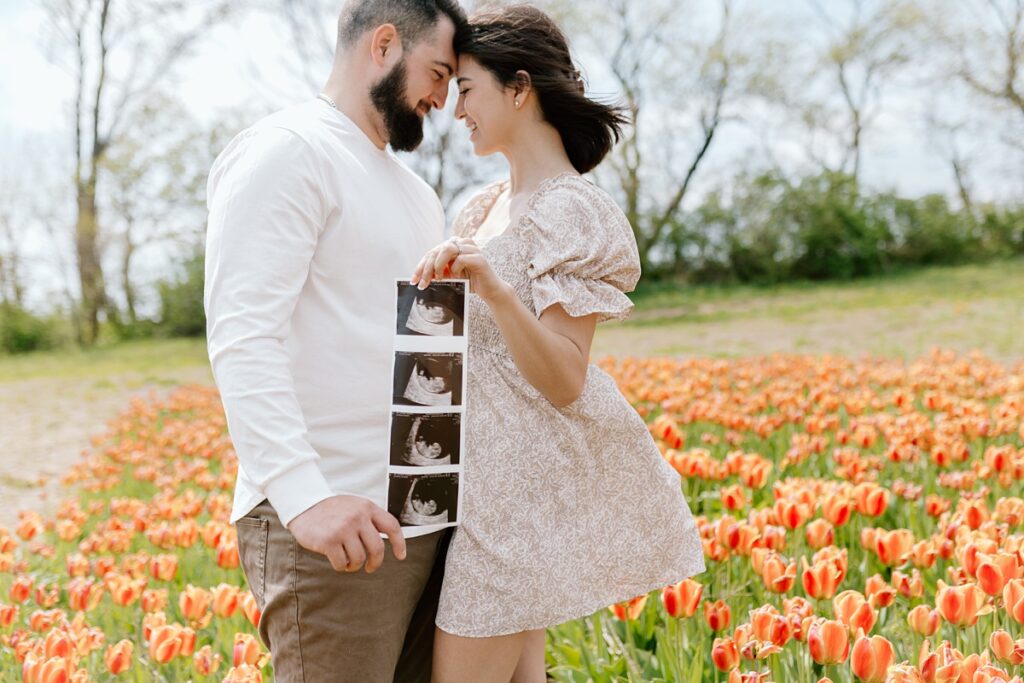 Tulip field maternity photos of a young couple at the Kuipers Midwest Tulip Fest